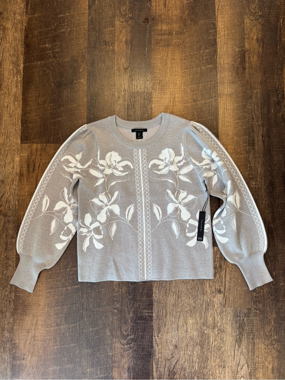 Tahari Light Gray and White Floral Crewneck Sweater